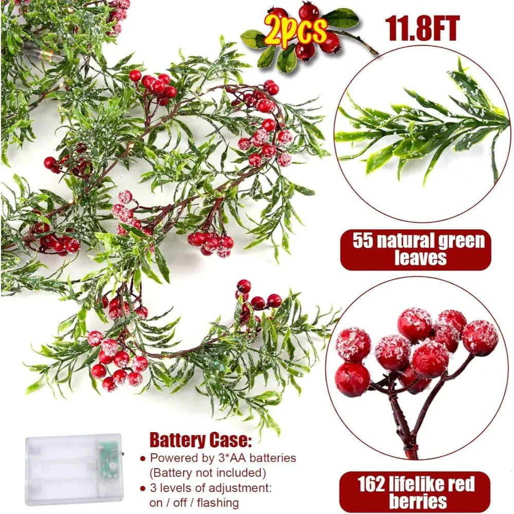 Elegant Christmas Decoration: 2 Pack of 5.9FT Snowy Berry Garland String Lights